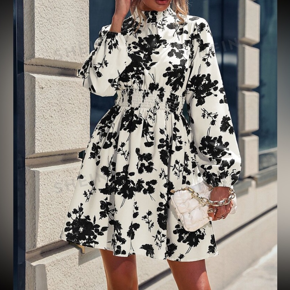 Floral Print Mock Neck Lantern Sleeve Dress
